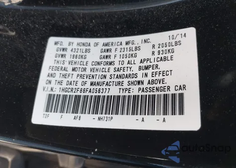 2015 Honda Accord Ex-L z USA, uszkodzony, nr VIN 1HGCR2F86FA056377